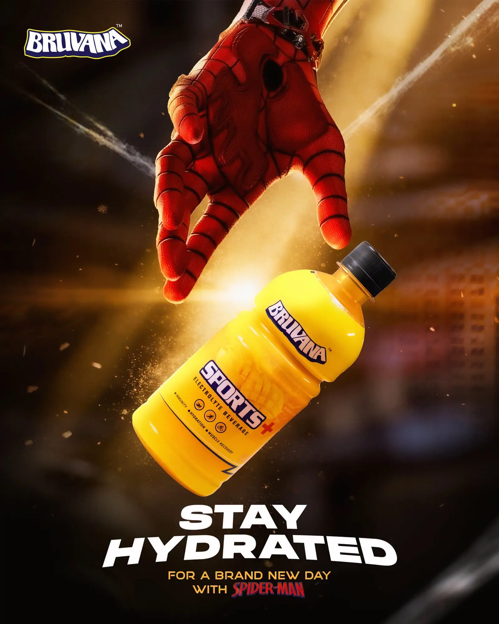 Gloved hand holding a Bruvana bottle with the line stay hydrated