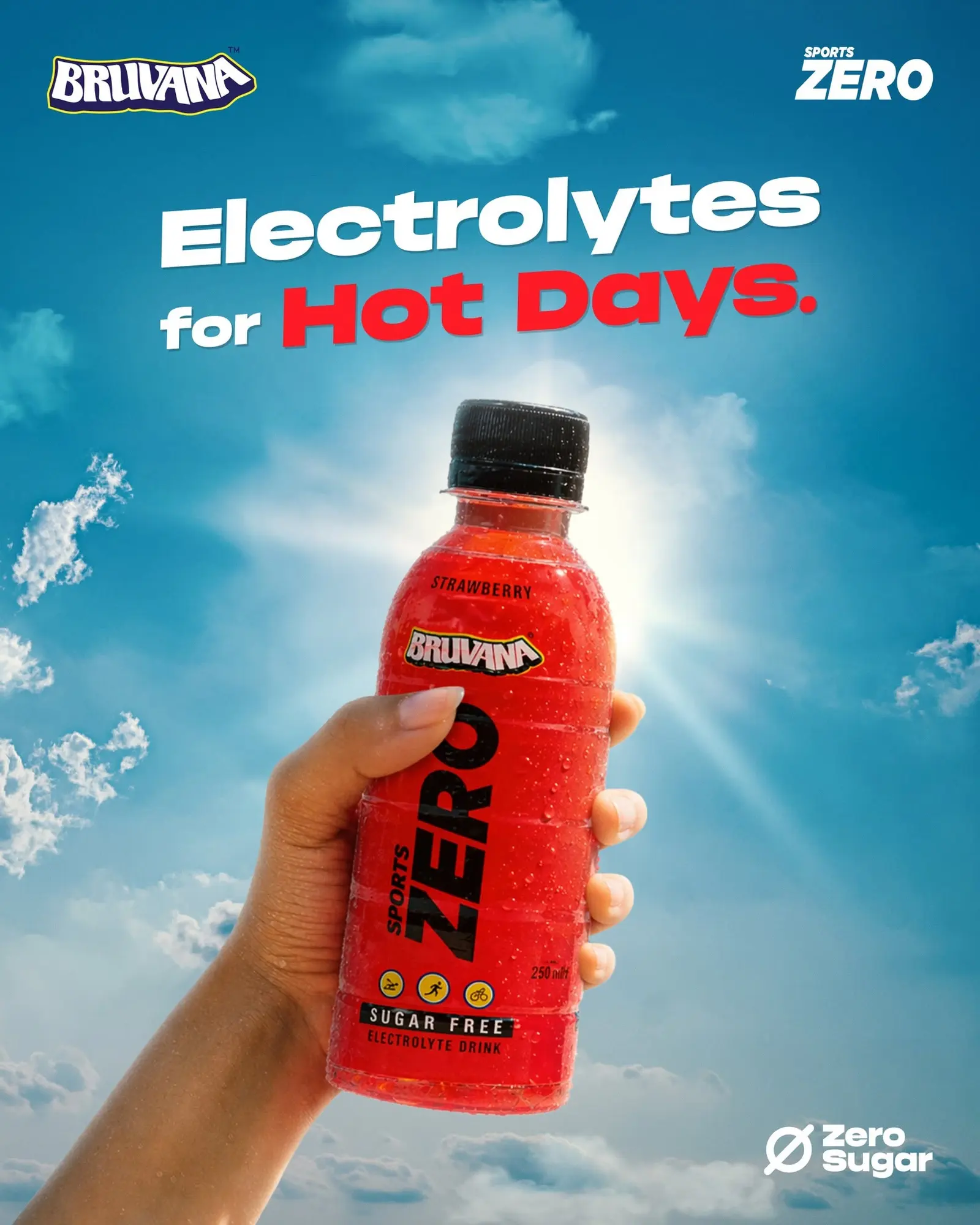 Hand holding a red Bruvana Zero bottle against a bright sky