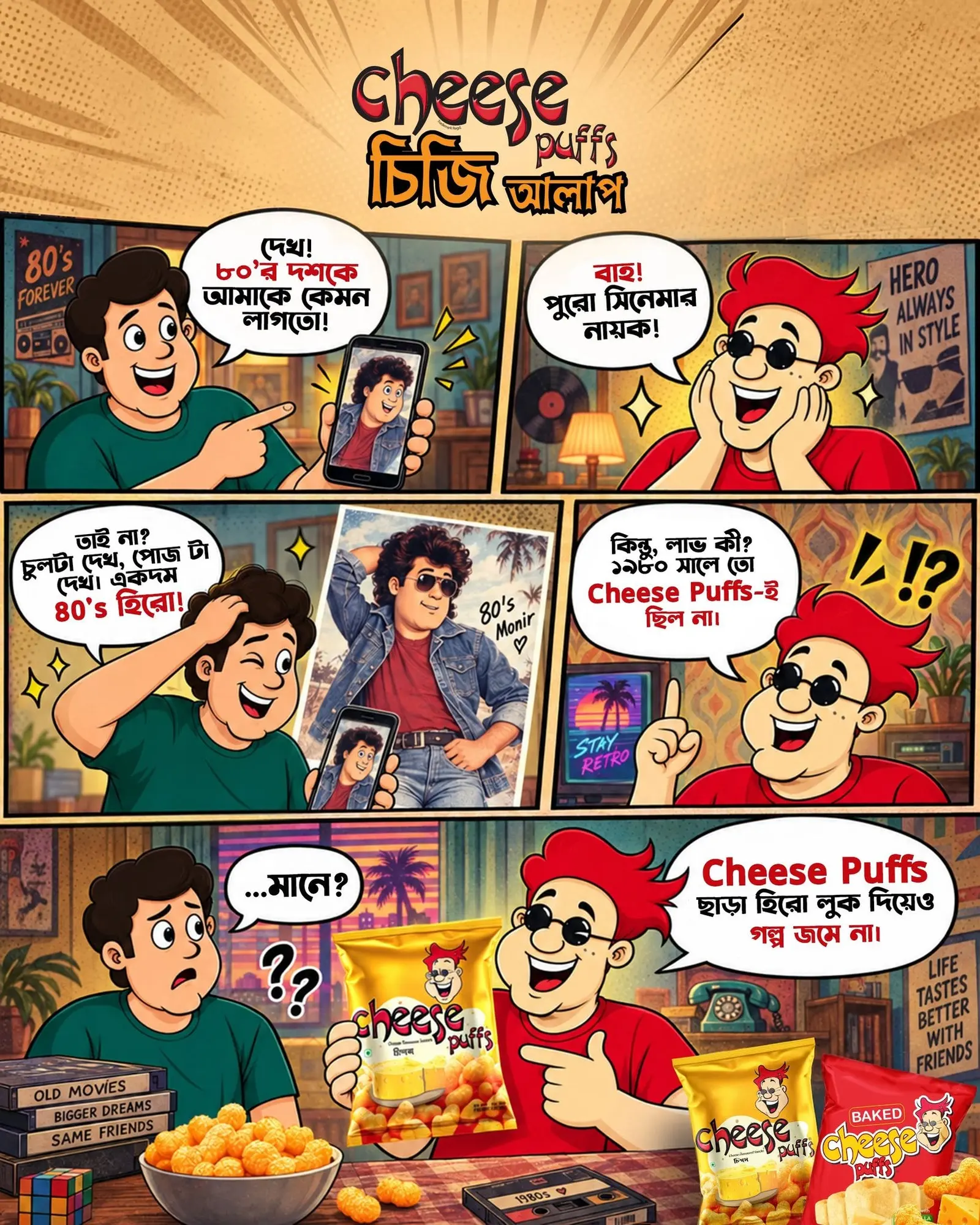 Four panel comic strip ending on a packet of Cheese Puffs