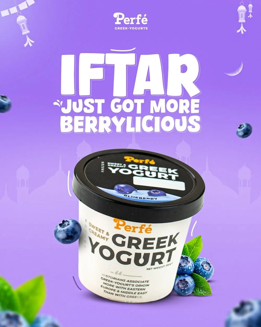 Iftar campaign post with berry flavoured Perfé on purple