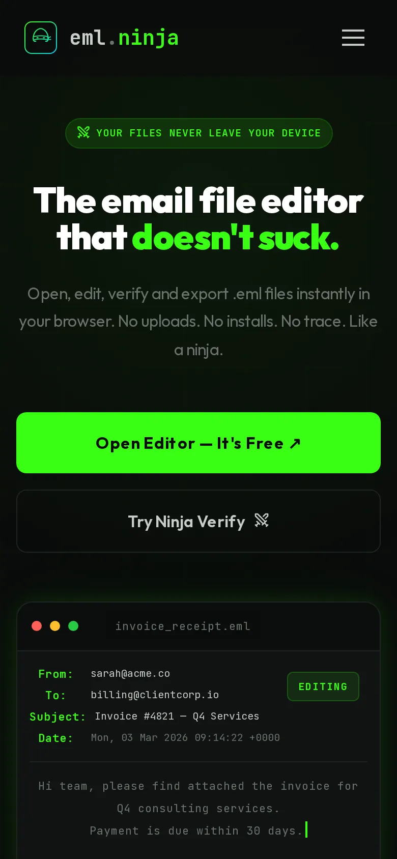 eml.ninja on mobile