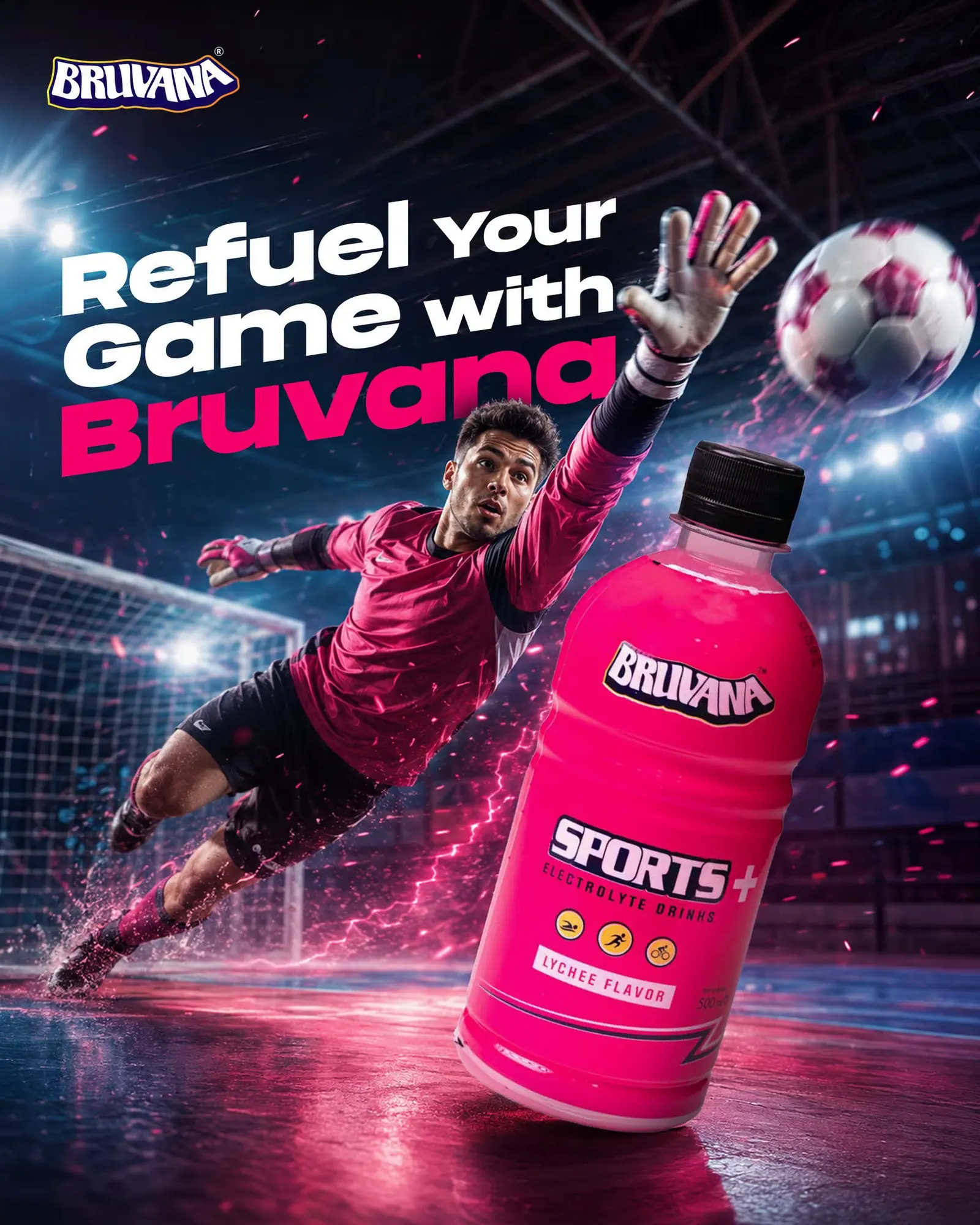 Goalkeeper diving across frame beside a Bruvana bottle with the line refuel your game