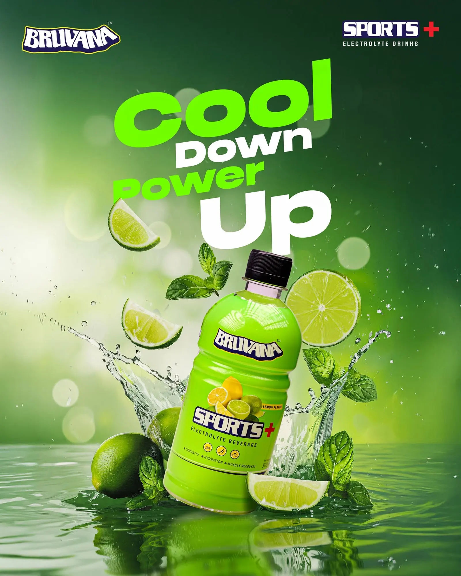 Lime splash product shot with the line cool down power up