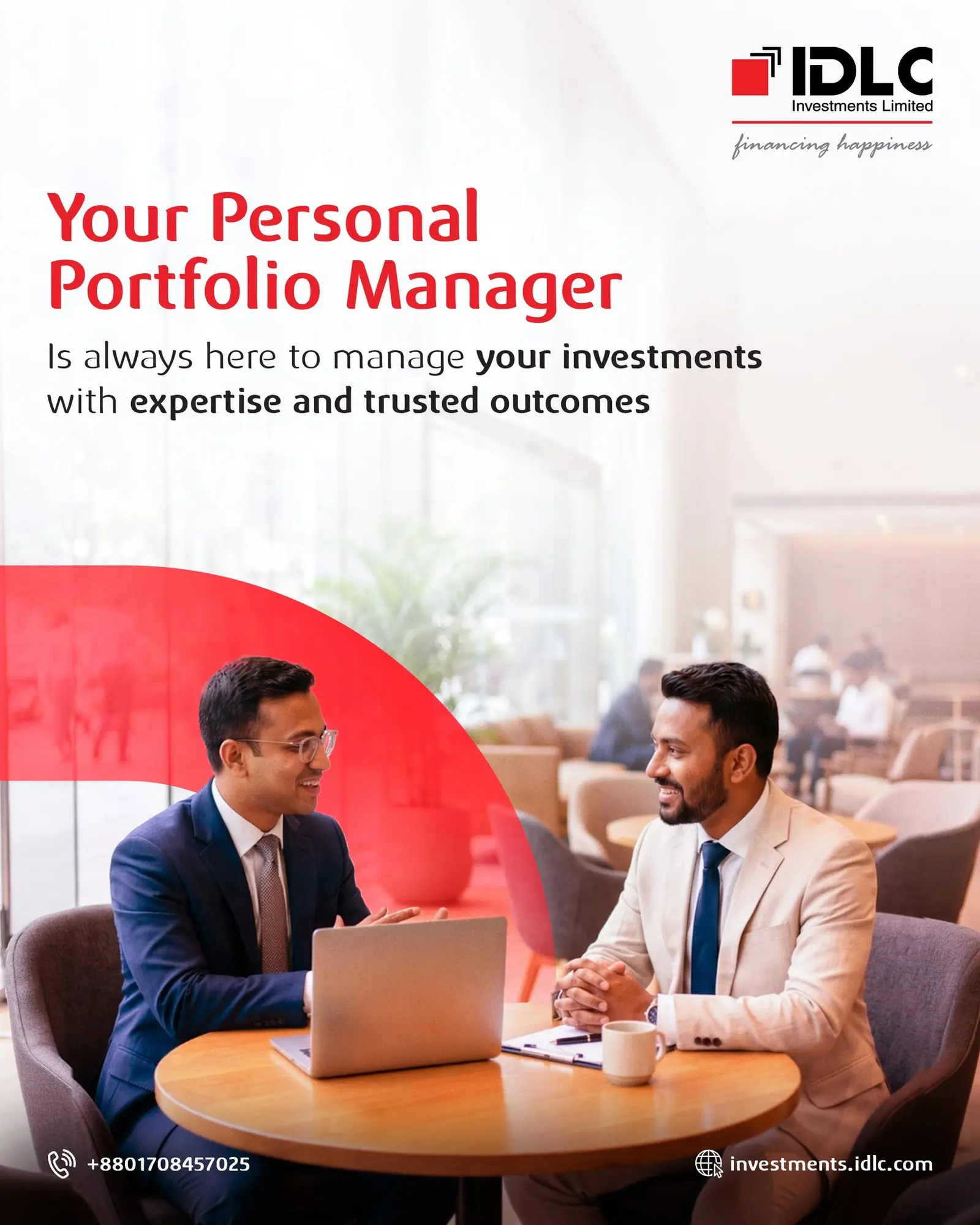 Two people reviewing a portfolio at a table with the line your personal portfolio manager