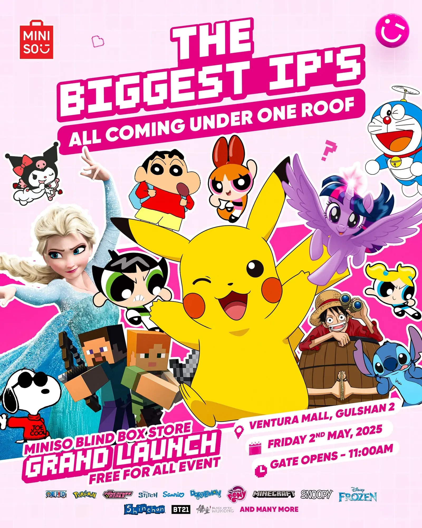 The Biggest IPs all coming under one roof, the key visual for the Miniso blind box store grand launch at Ventura Mall Gulshan 2