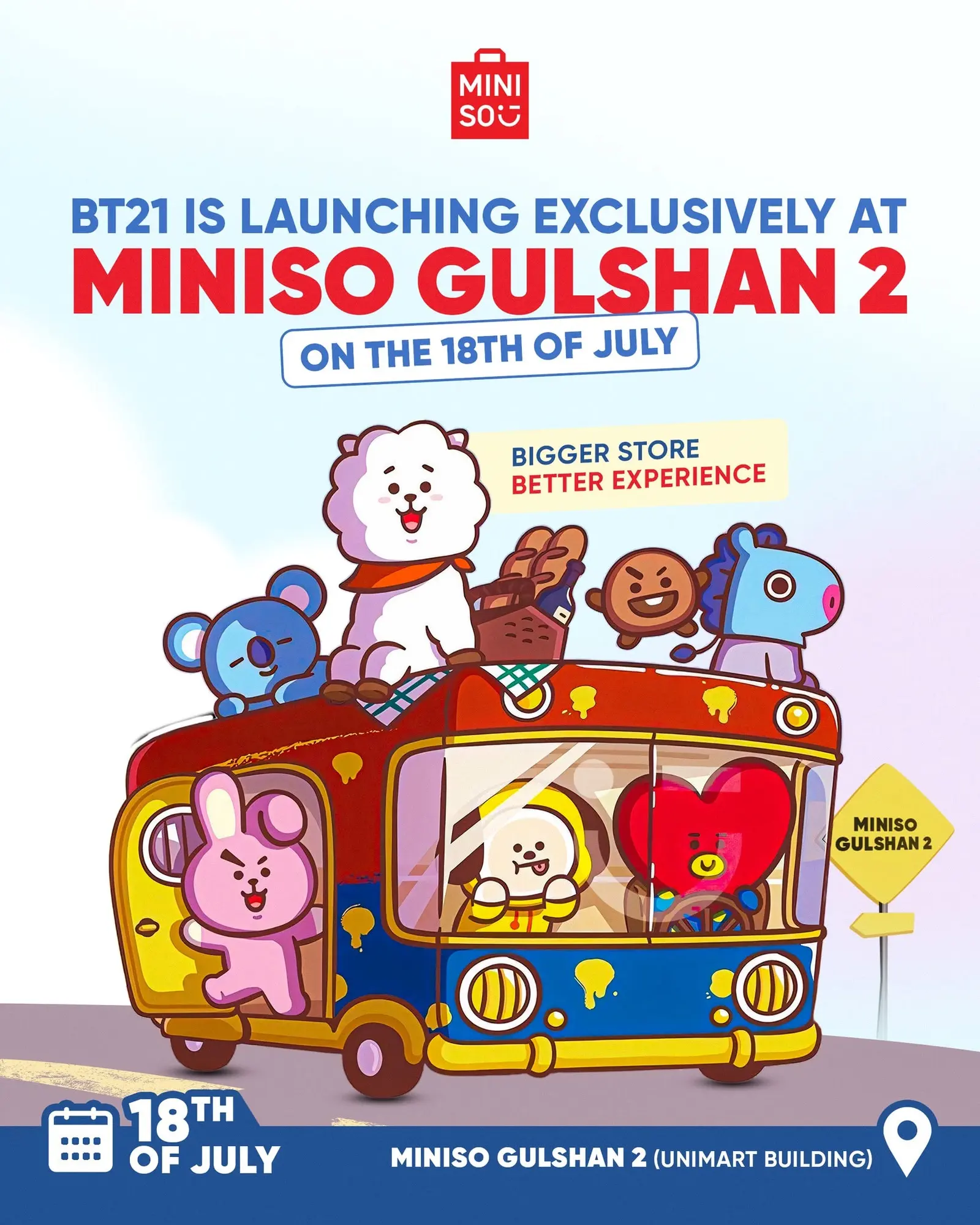 BT21 launch announcement with the characters riding a bus toward the Gulshan 2 store