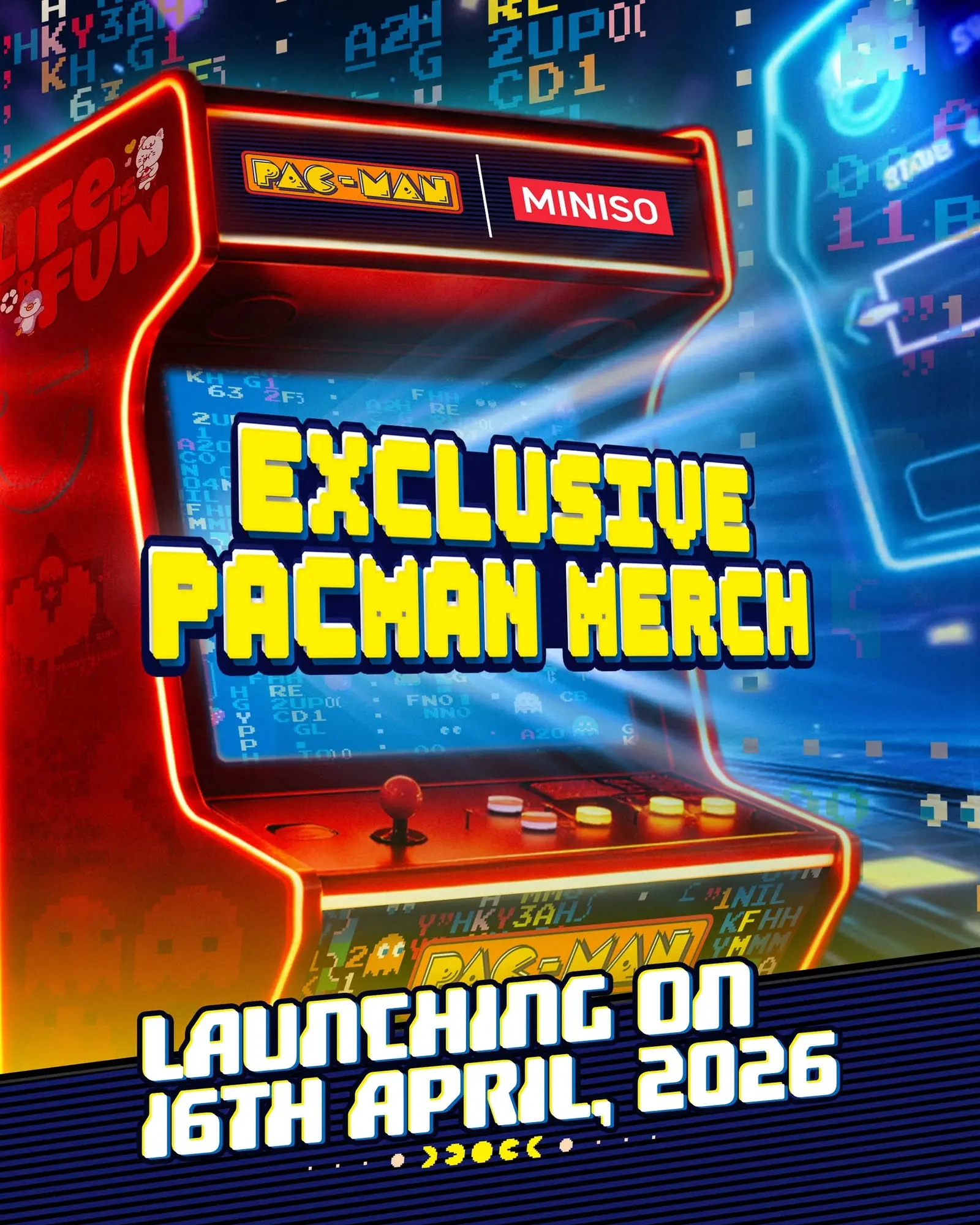 Exclusive PAC-MAN merchandise announcement set on a neon lit arcade cabinet