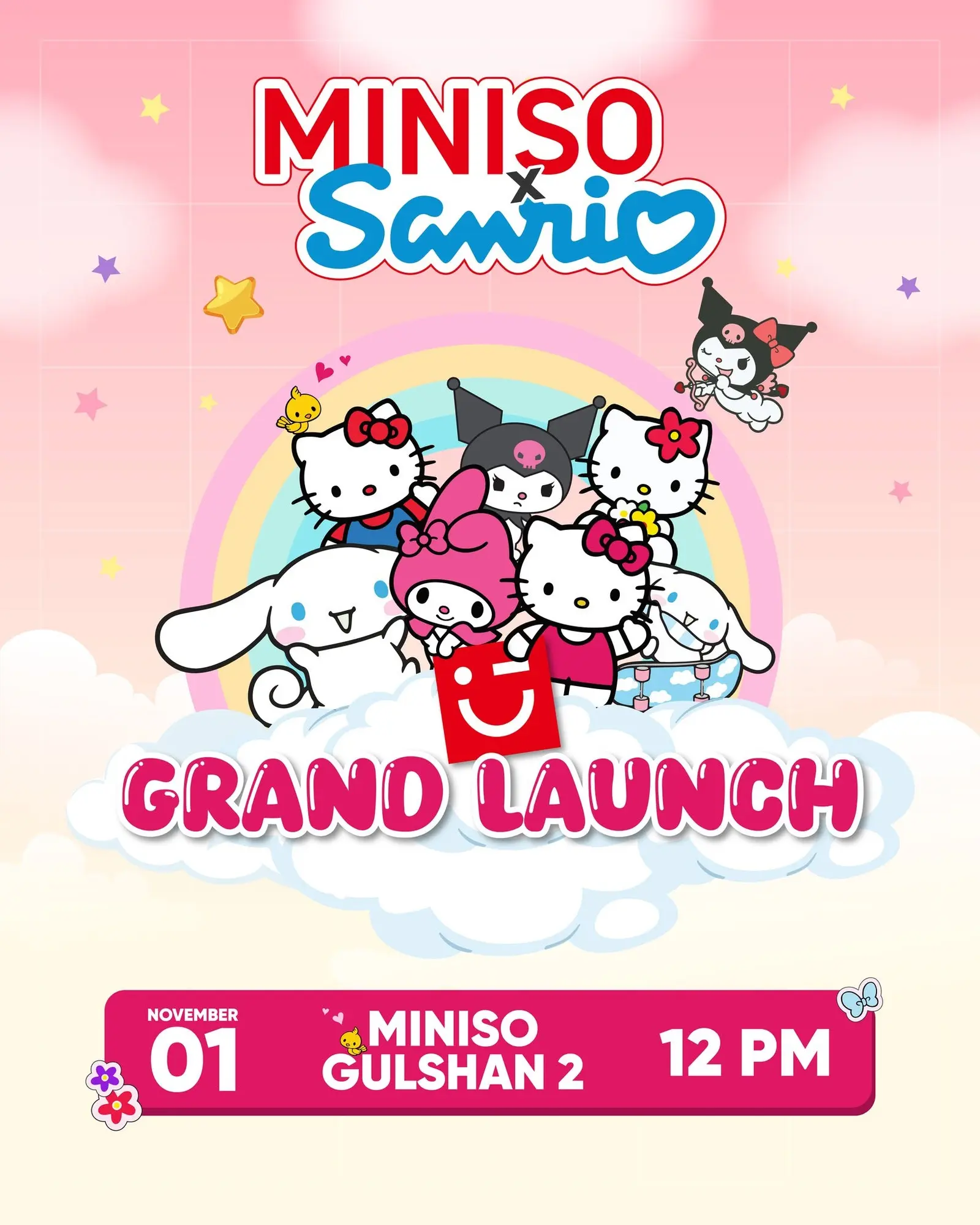 Miniso and Sanrio grand launch key visual with Hello Kitty, Kuromi, My Melody and Cinnamoroll on a rainbow