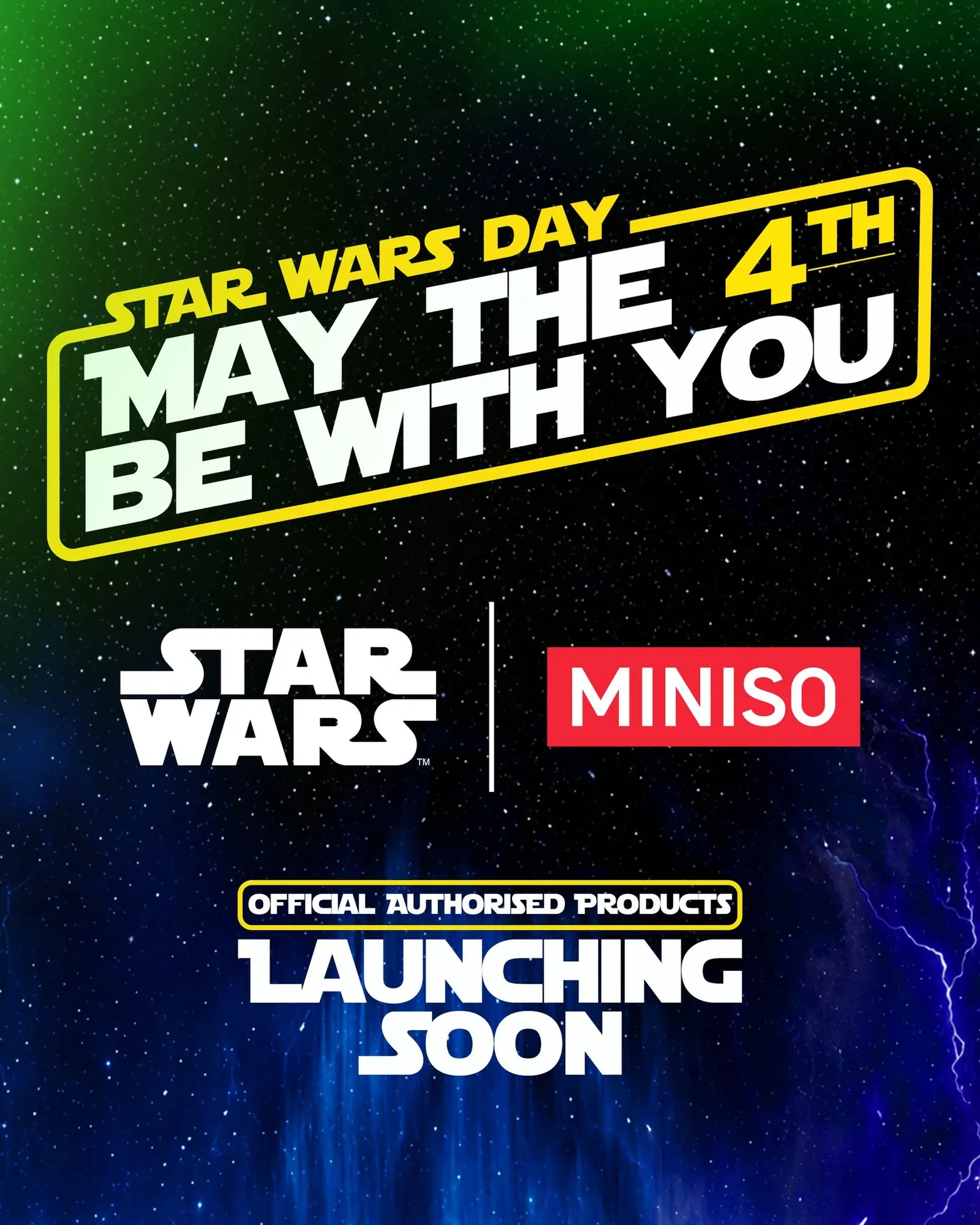 Star Wars Day key visual reading May the 4th be with you over a lightsaber green field