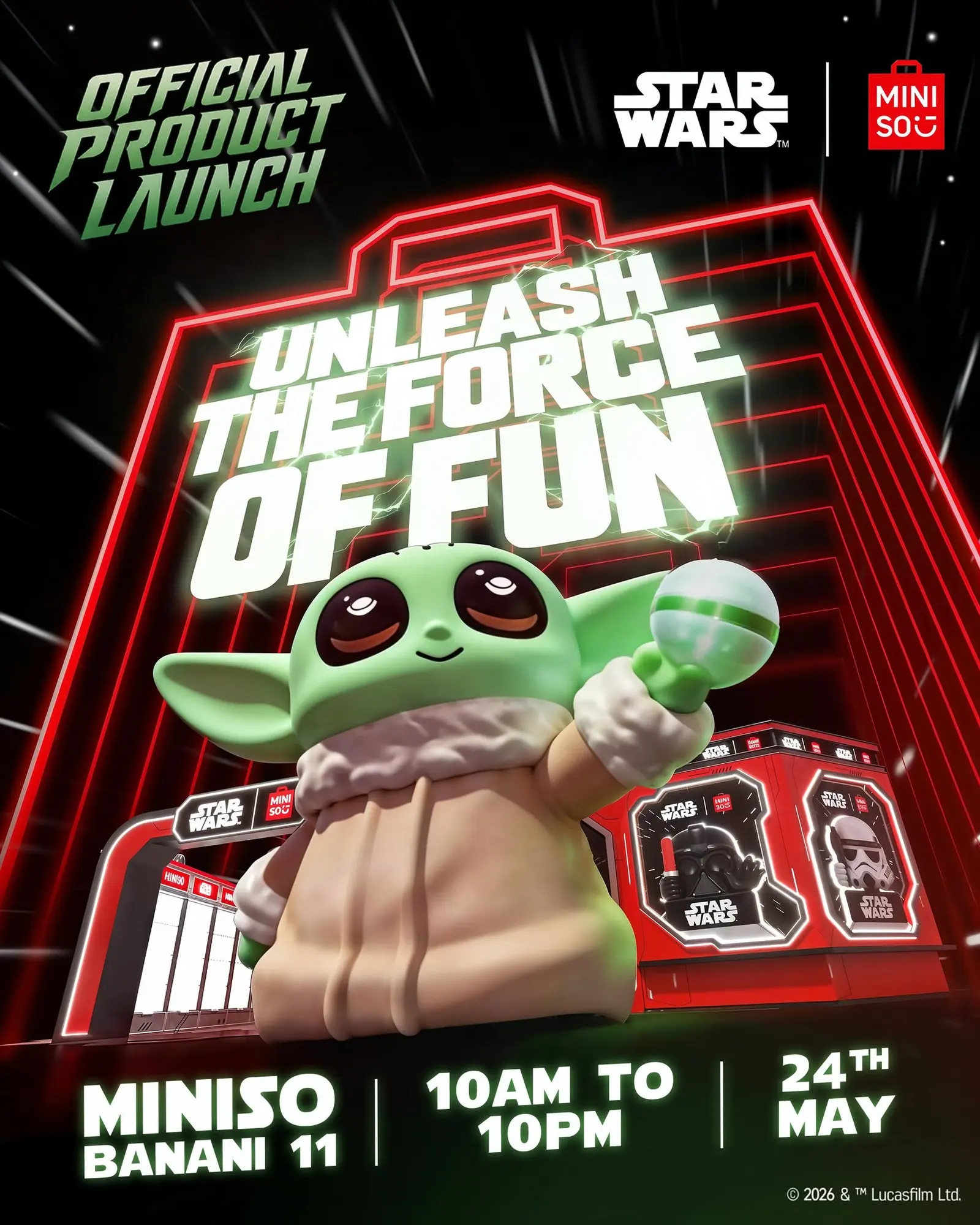 Unleash the Force of Fun launch key visual with a Grogu figure in front of a red neon storefront, Miniso Banani 11 on 24 May
