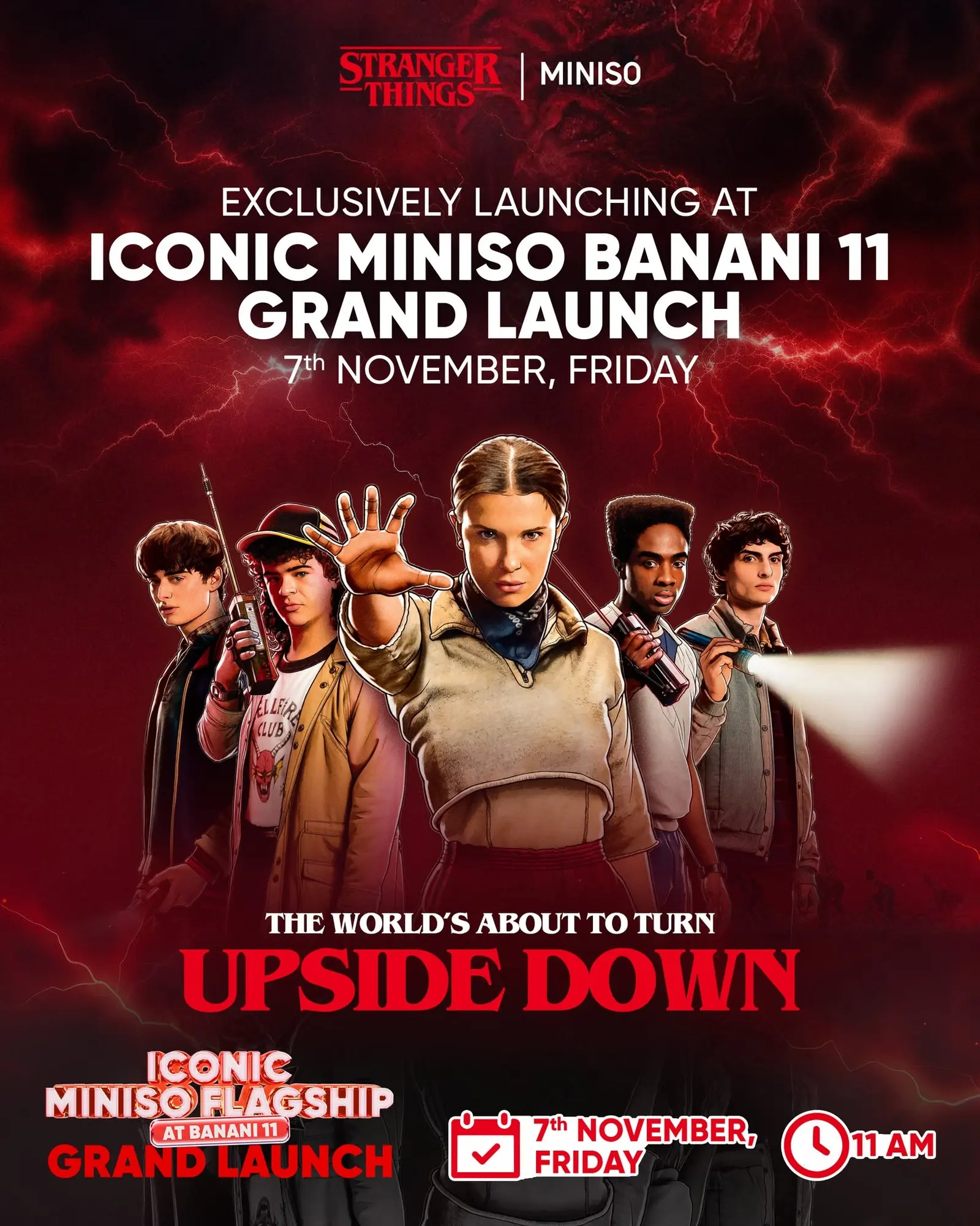 Grand launch key visual with the Stranger Things cast and the line the world is about to turn upside down