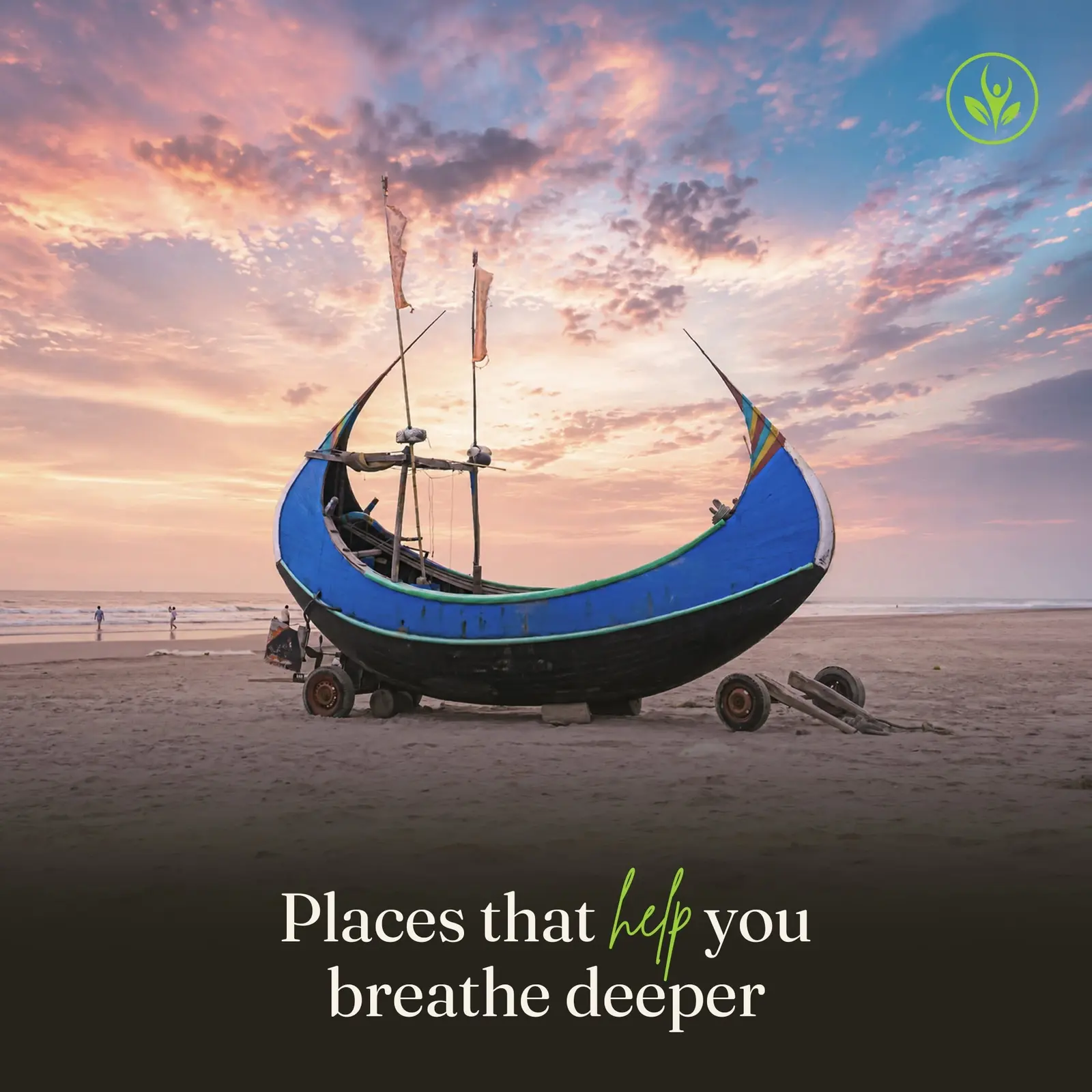 A fishing boat on still water at sunrise with the line places that help you breathe deeper