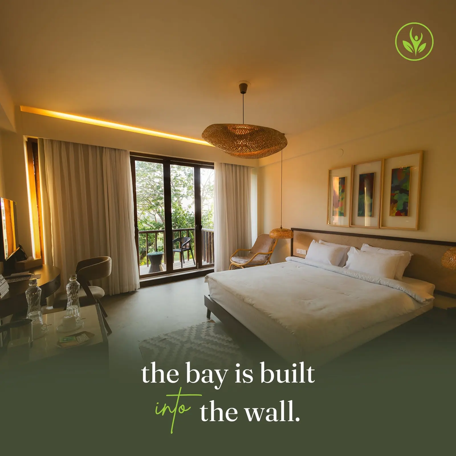 Retreat bedroom opening onto greenery with the line the bay is built into the wall