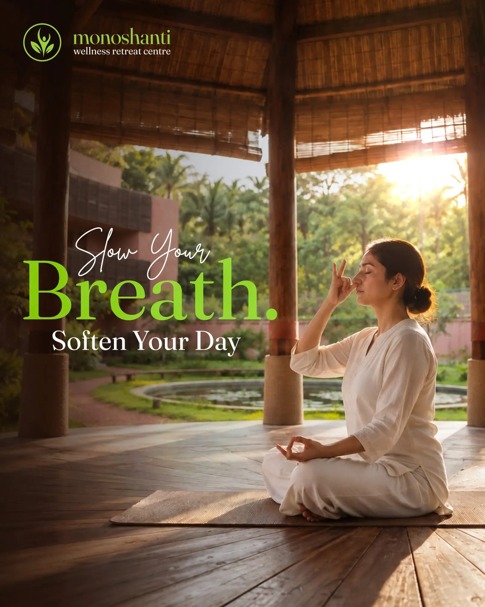 Woman meditating in an open pavilion with the line slow your breath