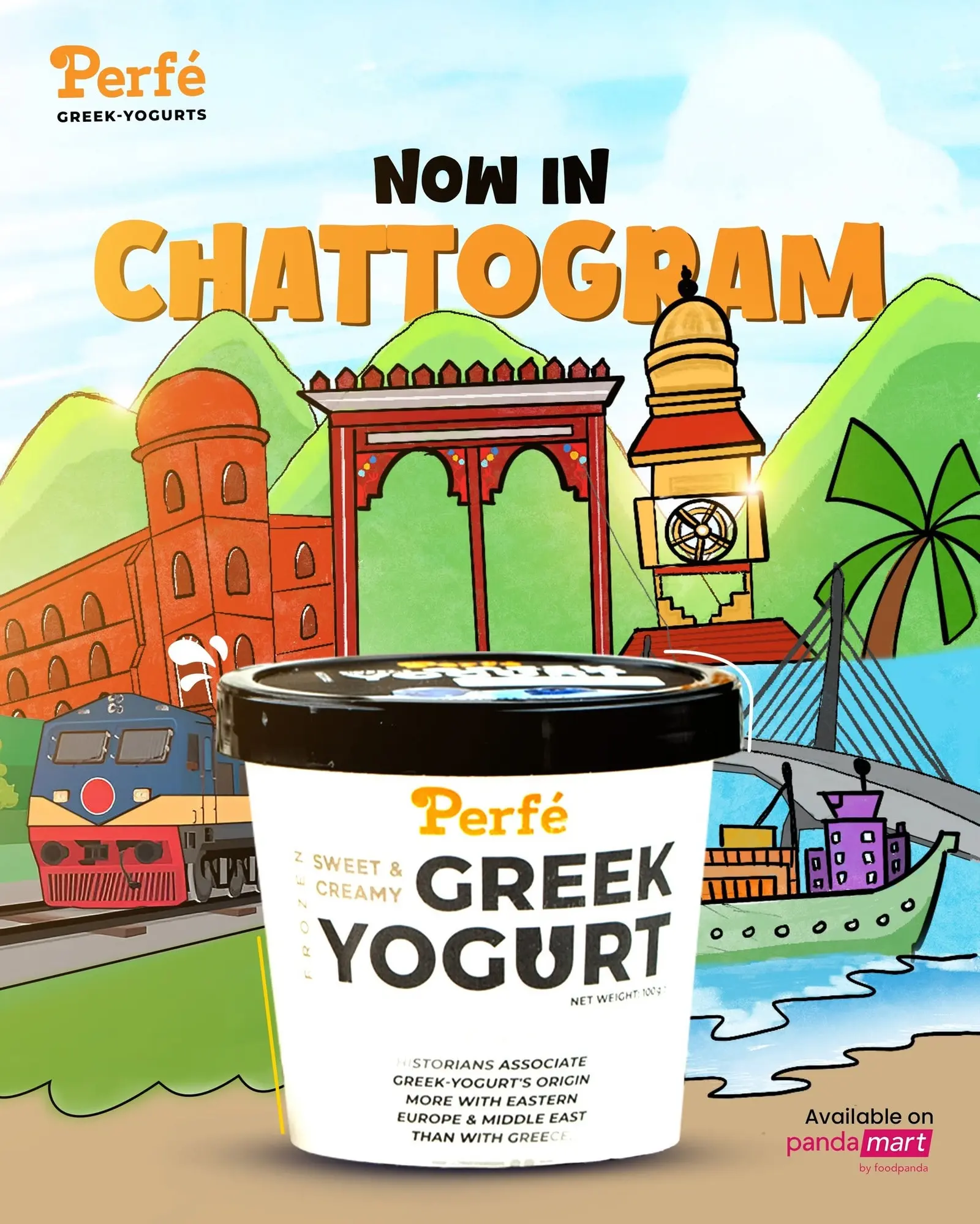 Illustrated Chattogram cityscape announcing that Perfé is now available there