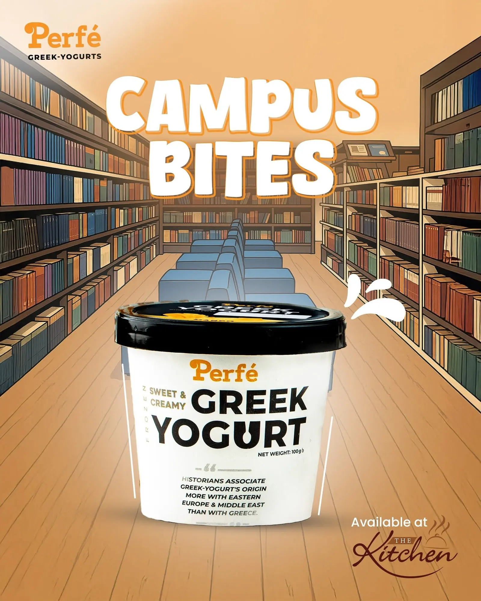 Campus bites post with a Perfé tub photographed in a library aisle