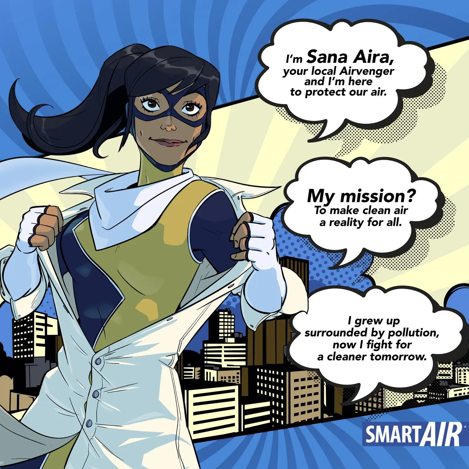 Comic panel introducing Sana Aira, the brand's air quality superhero, over a city skyline
