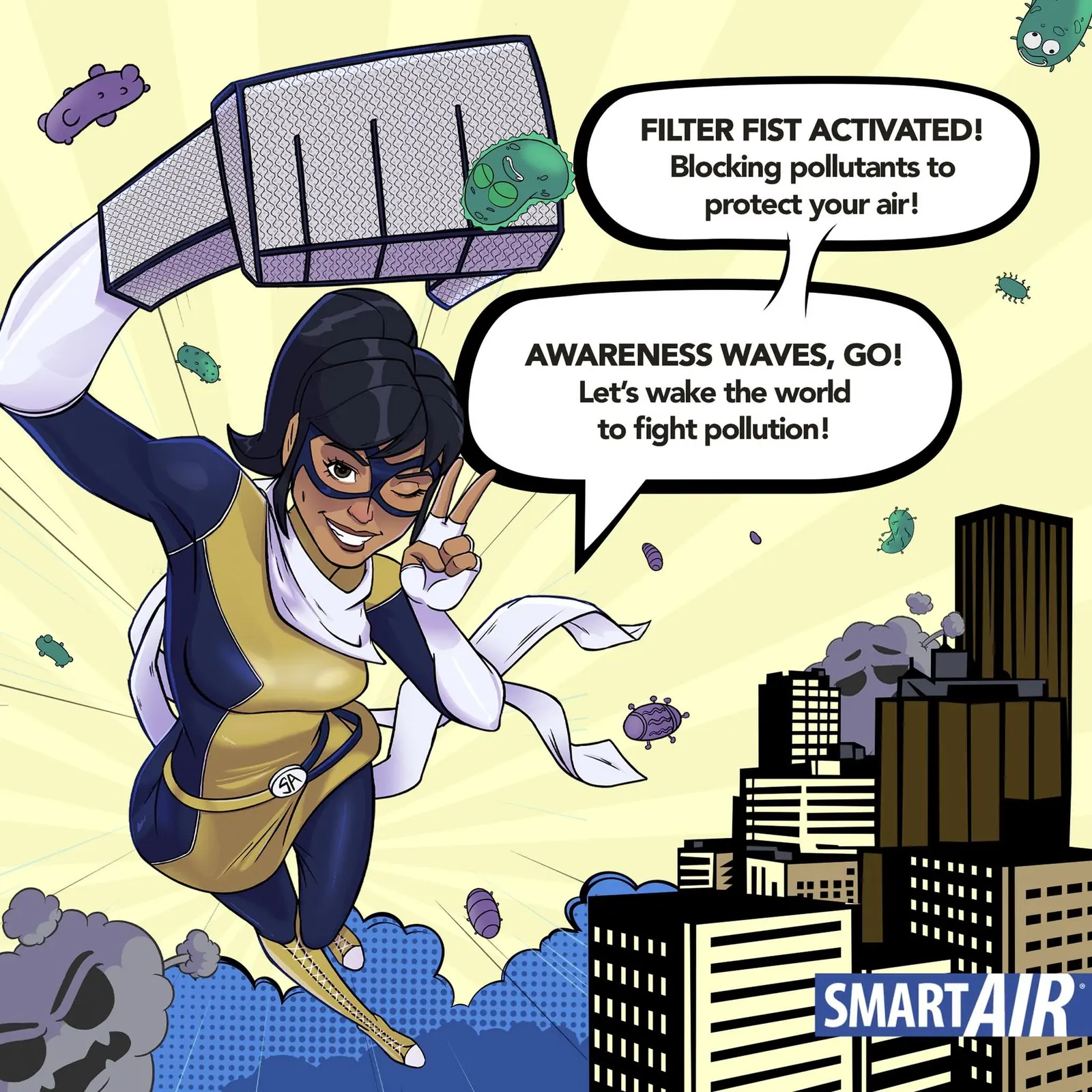 Comic panel where the hero activates a filter fist to block pollutants