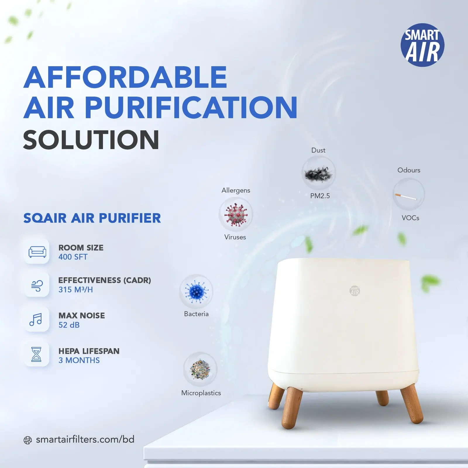 Air purifier product post listing room size, filter rating and noise level
