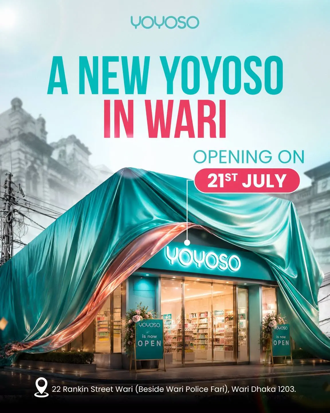 Store opening announcement for a new YOYOSO in Wari with the storefront under wraps