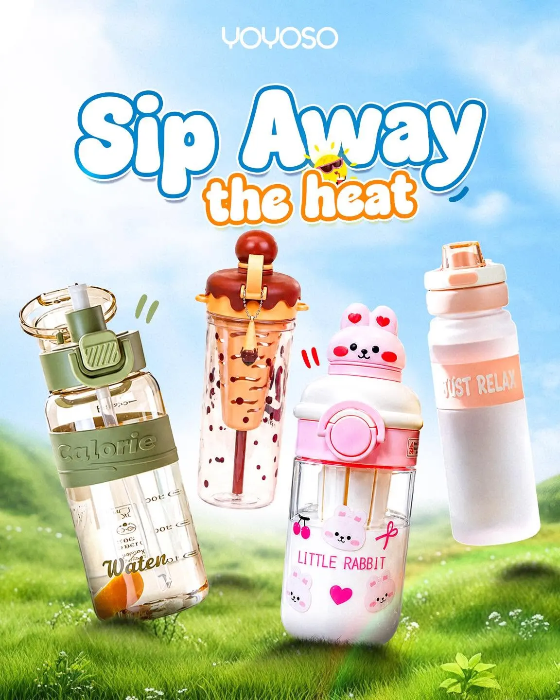 Product post showing pastel water bottles with the line sip away the heat