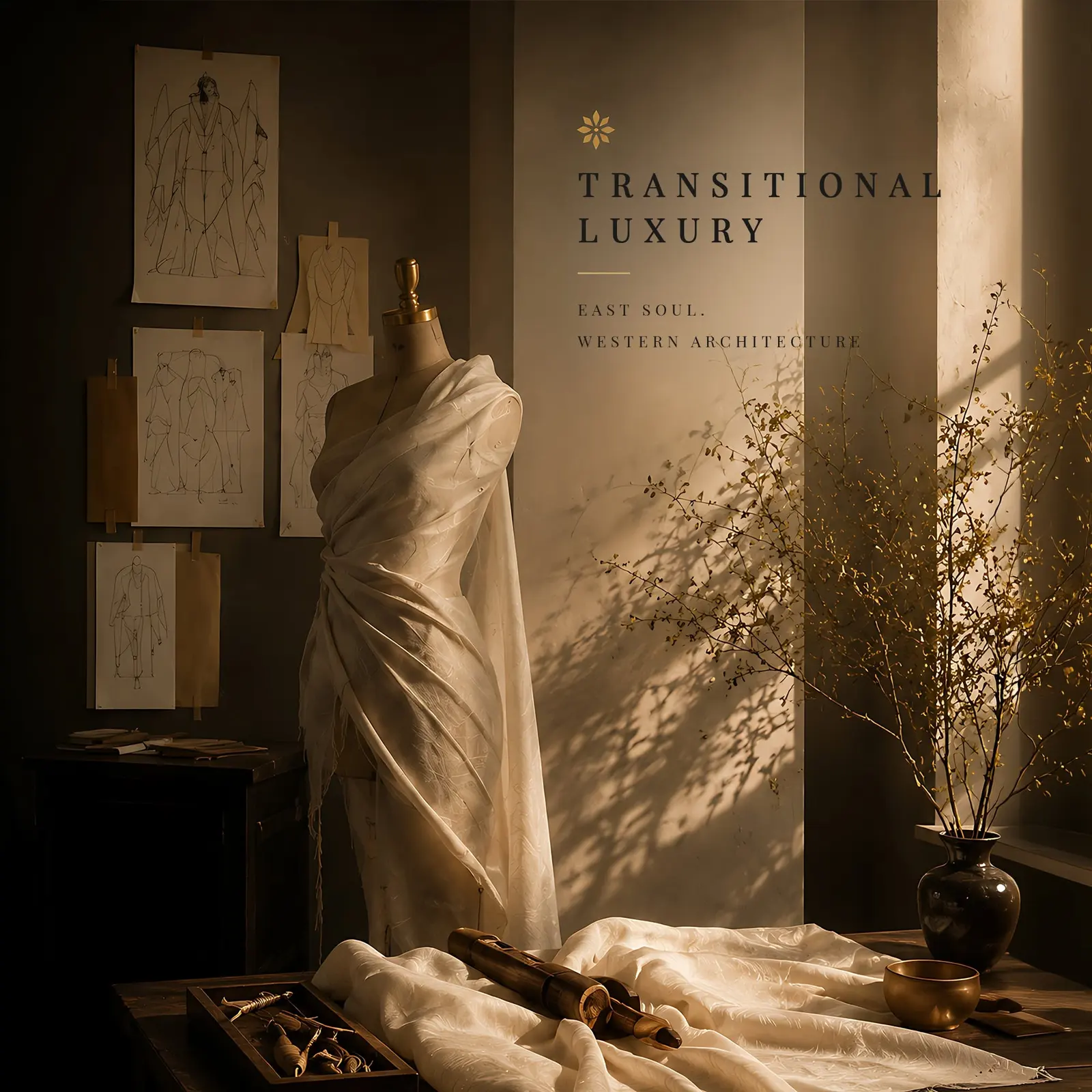Draped garment on a mannequin in an atelier with the line transitional luxury