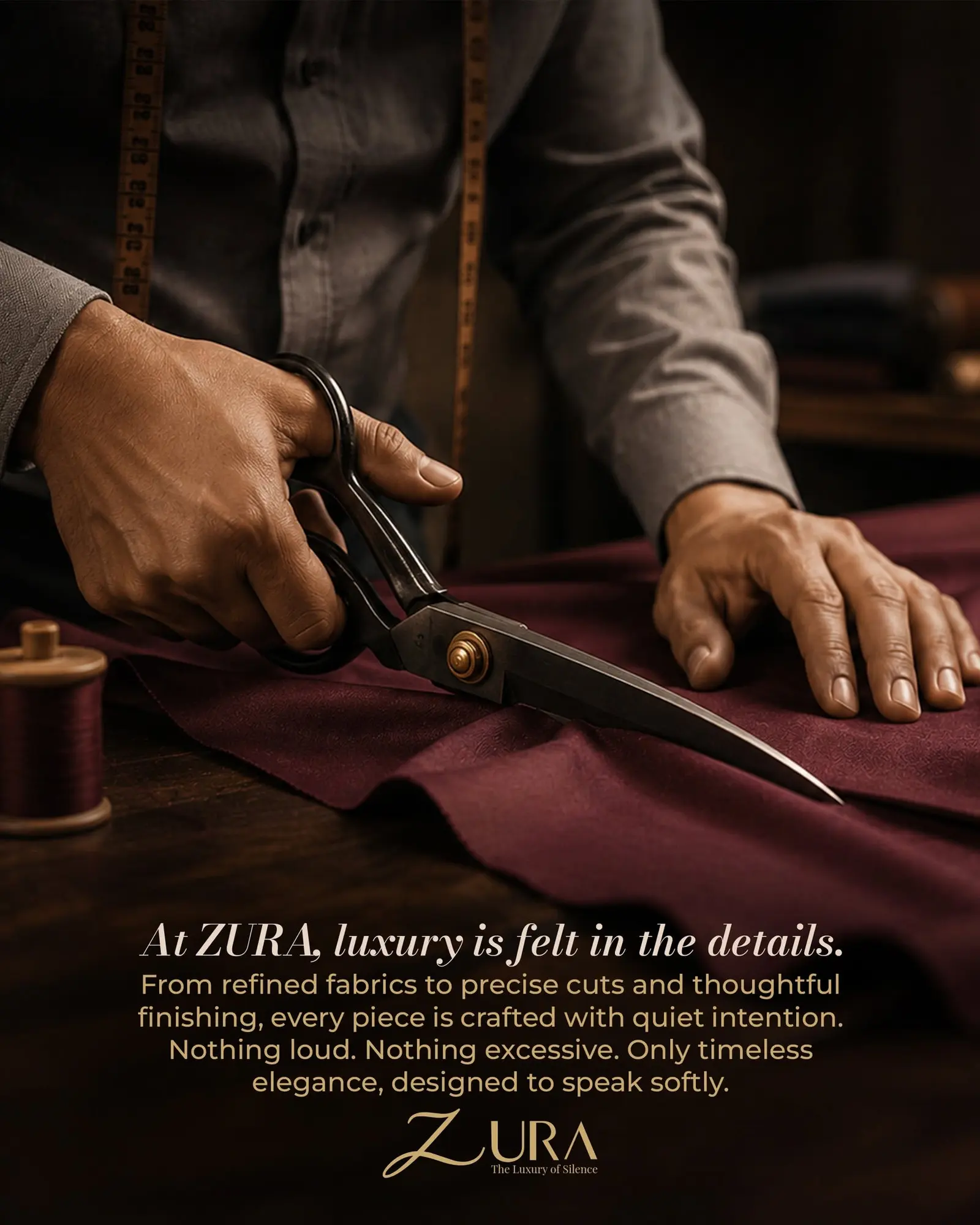 Hands cutting cloth with tailoring shears in close up