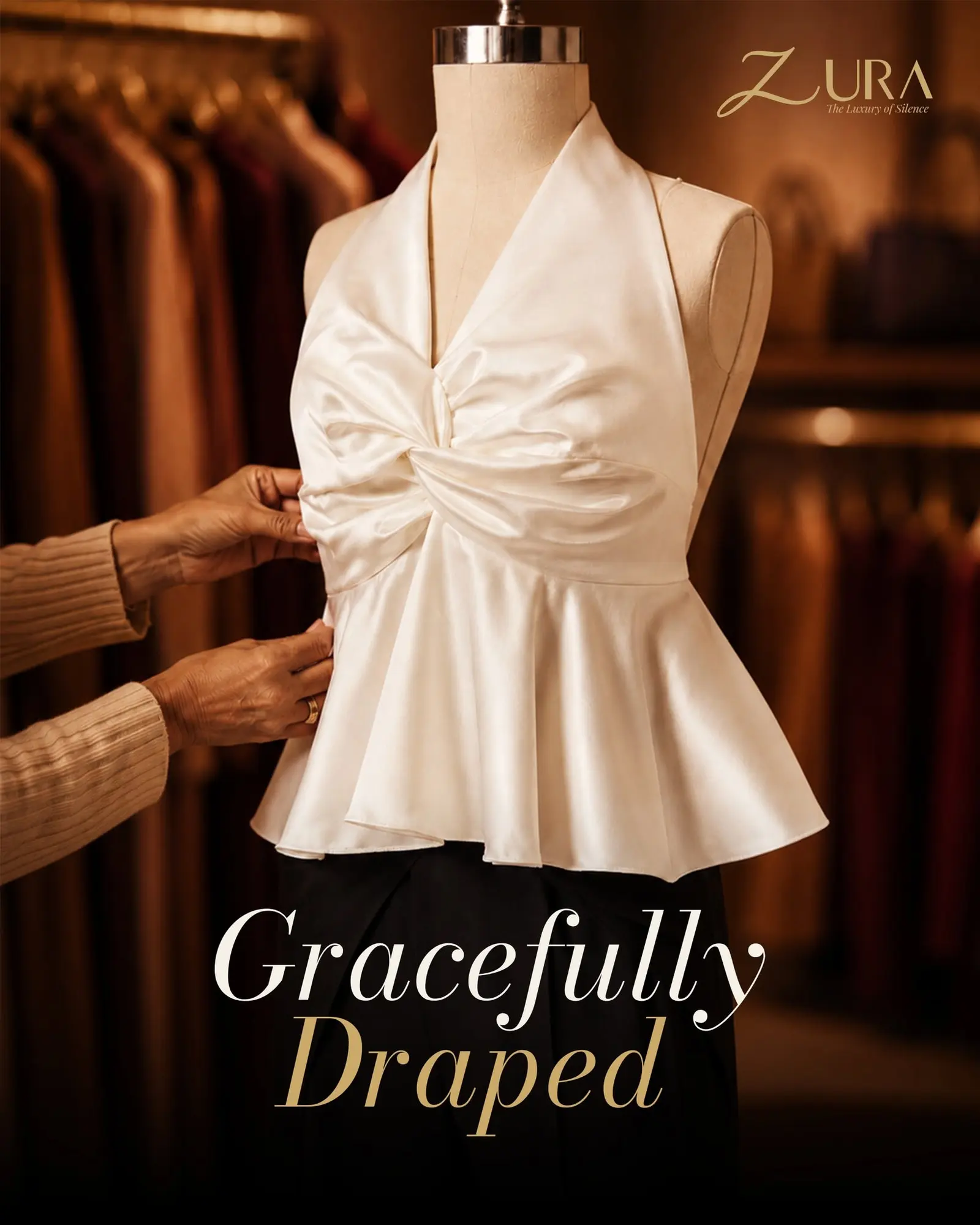 White peplum top on a dress form with the line gracefully draped